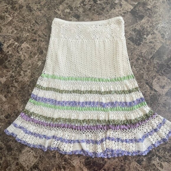 CYNTHIA STEFFE CROCHET SKIRT SZ S BOHEMIAN COTTON TAN LILAC GREEN VERSATILE CHIC - Picture 13 of 16